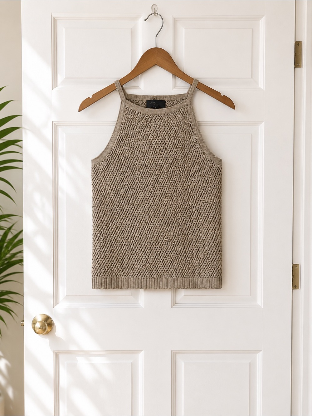 Textured Knit High-Neck Tank Top in Beige